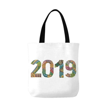 ASHLEIGH Number 2019 Zentangle Happy New Year Canvas Reusable Tote Bag Durable Shopping or Book Bags for Women Men