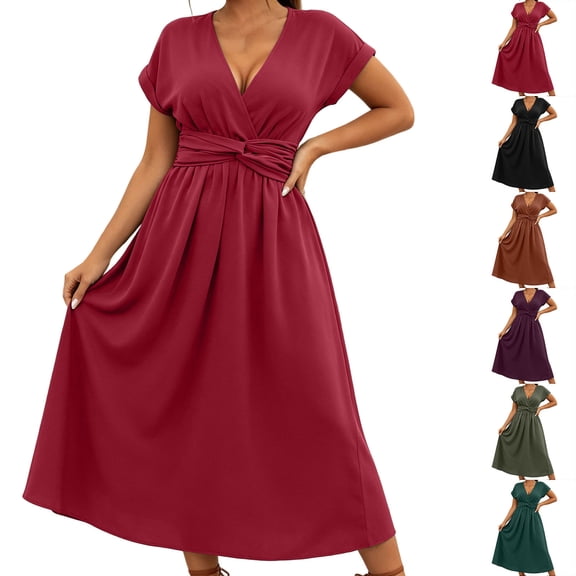 Women's Spring Casual Ruffle Short Sleeve Wrap V-Neck A-Line Loose Fit Swing Party Work Midi Dress Red XL(XL)