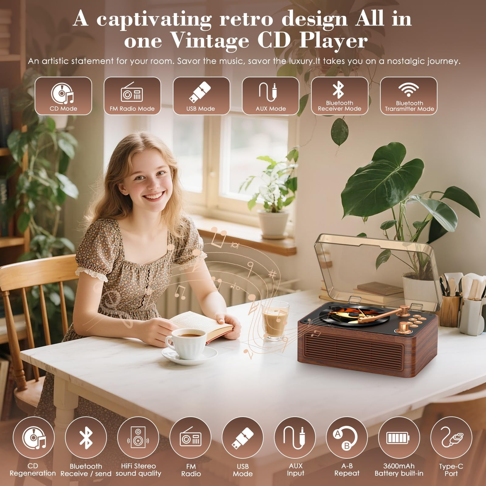 Qoosea CD Player Portable Bluetooth, CD Players for Home with Speakers Remote Control, Retro CD Player Support USB/AUX Playback Headphone Jack Radio