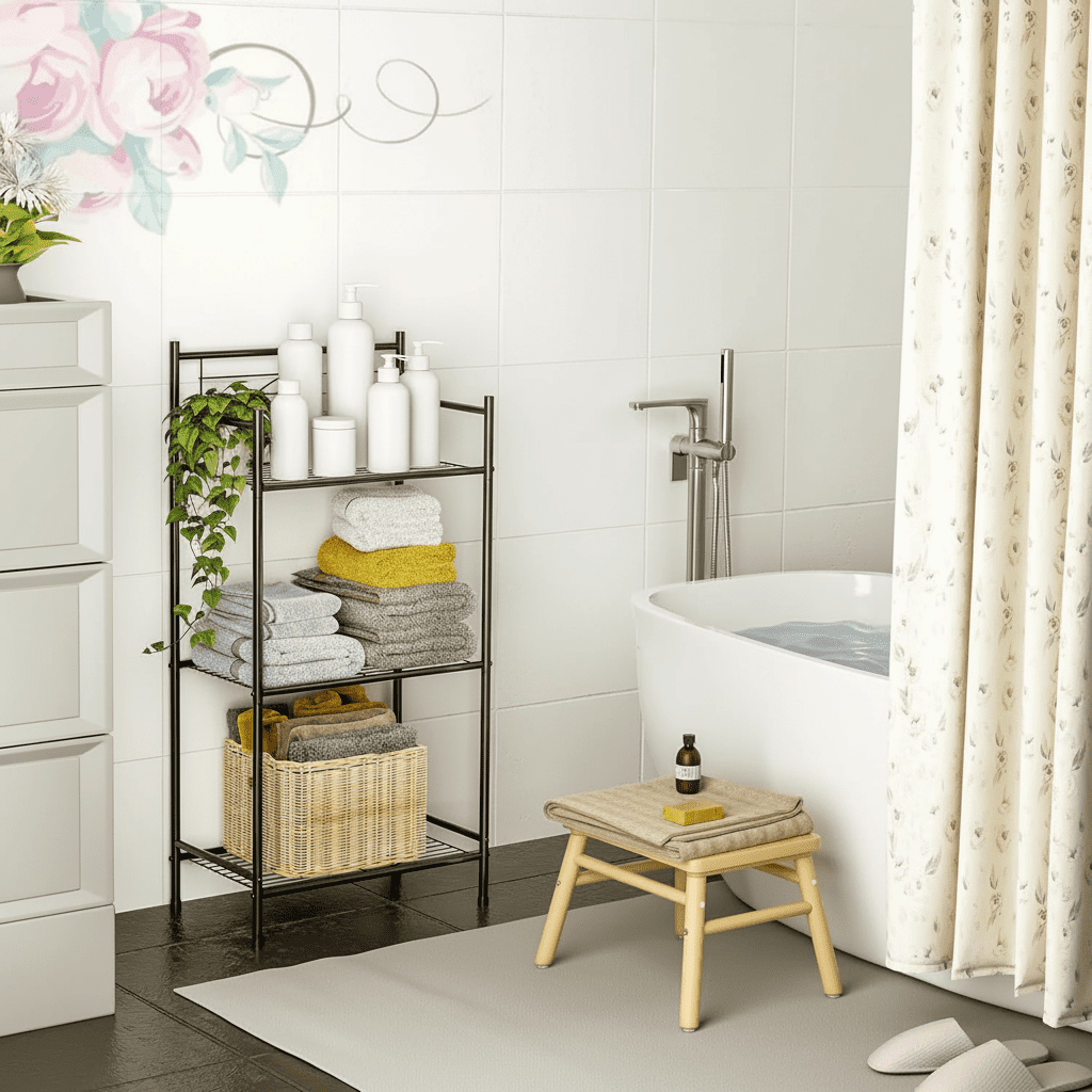 OUTMASTER 3-Tier Bathroom Shelf, Narrow Metal Floor Storage Stand for Bathroom & Kitchen