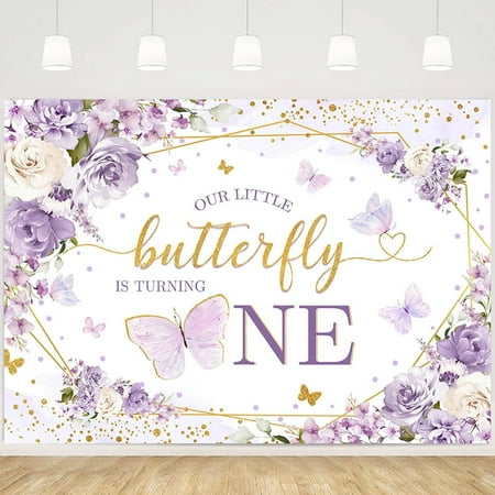 Butterfly First Birthday Decorations Backdrop for Girls Our Little Butterfly is Turning One Purple Flowers Girl Birthday Photography Background Dessert Table Supplies 7x5FT