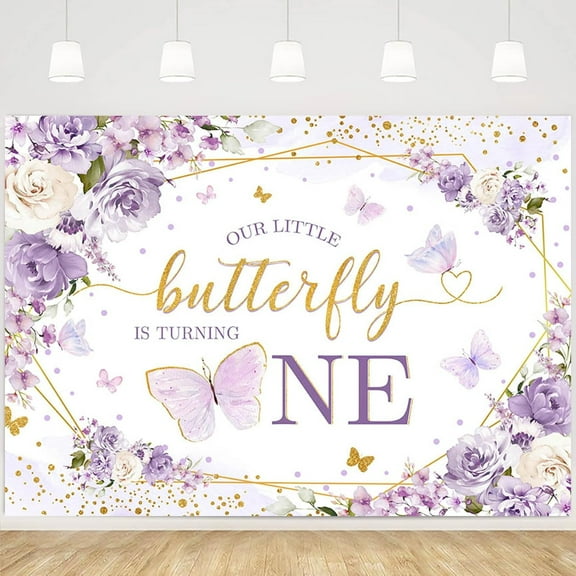 Butterfly First Birthday Decorations Backdrop for Girls Our Little Butterfly is Turning One Purple Flowers Girl Birthday Photography Background Dessert Table Supplies 7x5FT