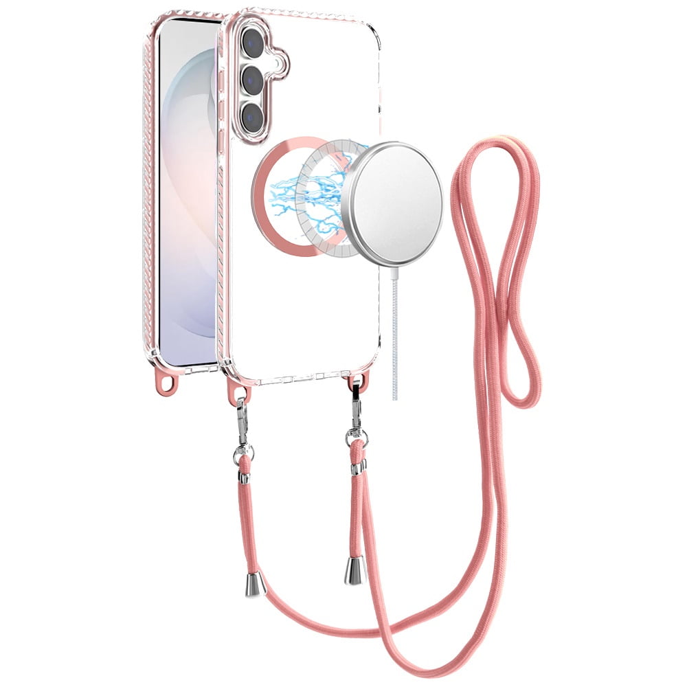 Phone Case for Samsung Galaxy S26+ / S26 Plus Transparent Magnetic Lanyard Shockproof Hybrid Clear Grip Durable Camera Protection TPU Anti-Slip Design Cover Pink