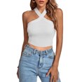 thumbnail image 2 of YYDGH Women's Criss Cross Halter Crop Top Ribbed Knit Fitting Tank Top Solid Color Sleeveless Tee Shirt Summmer Tops White S, 2 of 8