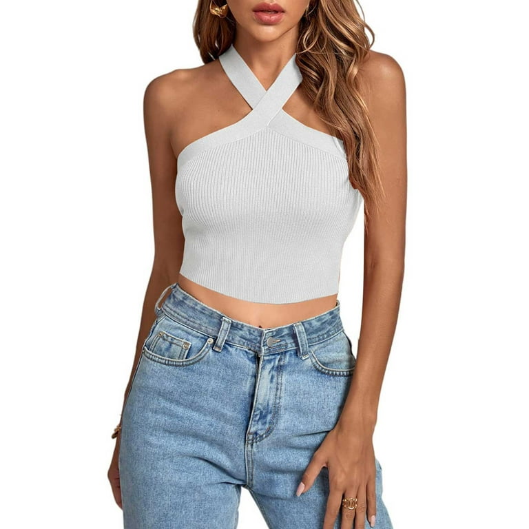 YYDGH Women's Criss Cross Halter Crop Top Ribbed Knit Fitting Tank Top  Solid Color Sleeveless Tee Shirt Summmer Tops White XXL 