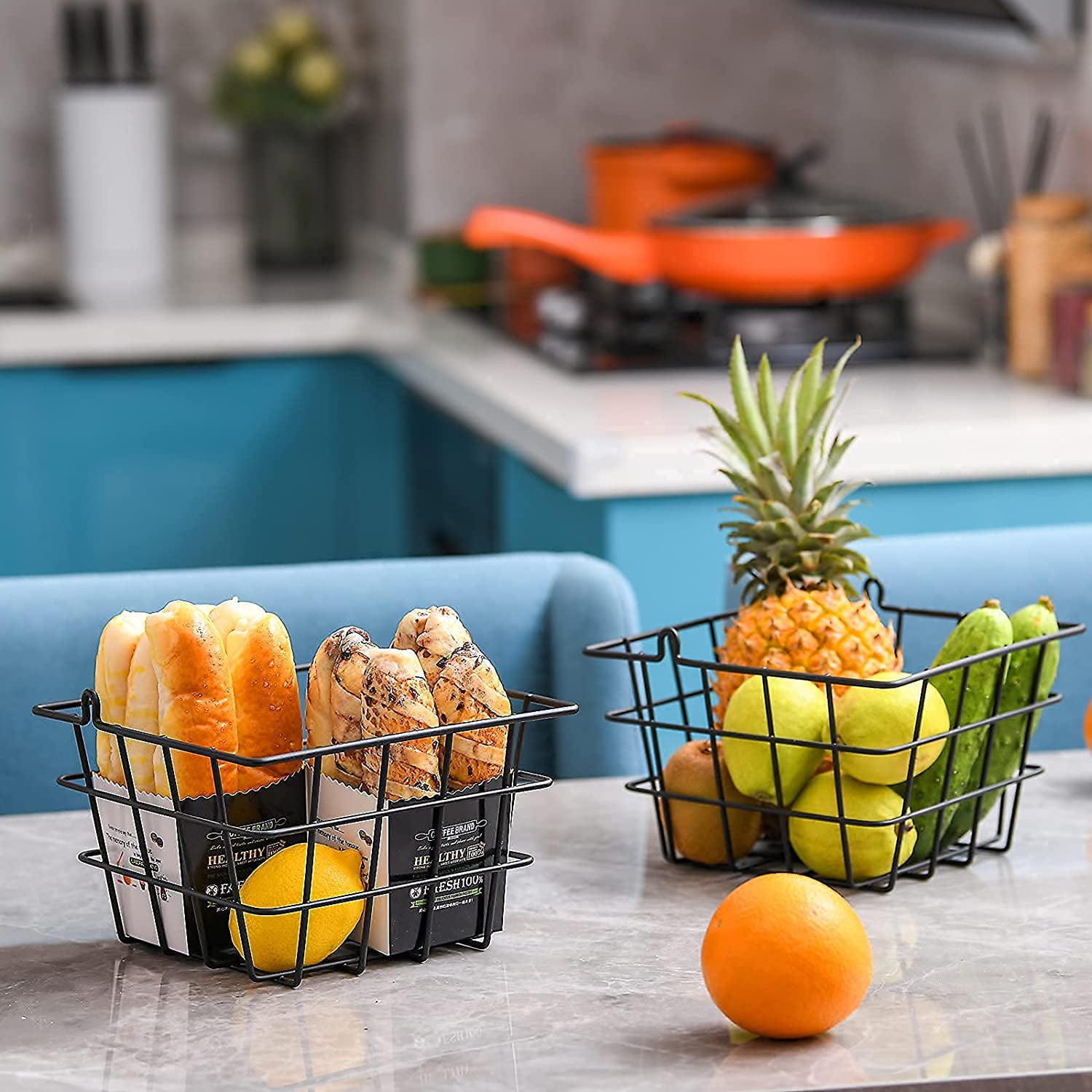 Wetheny 2 Tier Iron Fruit Basket Fruit Bowl for Kitchen Counter,Bread,Fruit and Vegetable Holder Storage Basket,Wire Hanging Basket stand for Kitchen Organizer, Matte Black