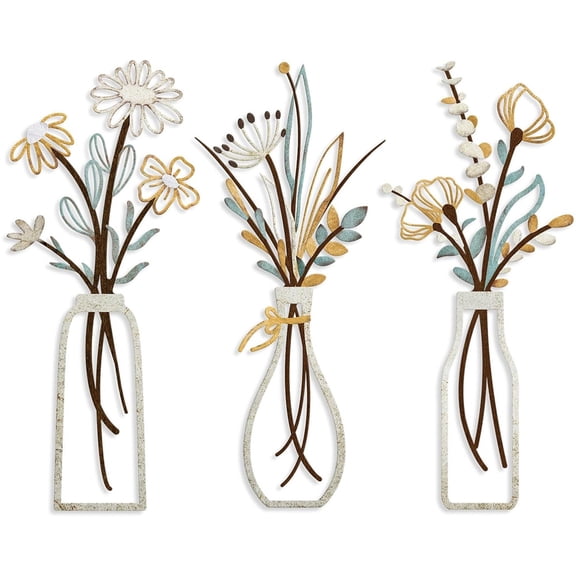 YMWVH 3 Pieces Metal Flowers Wall Art- Rustic Farmhouse Decor Minimalist Decor for Living Room Bathroom Bedroom Dining Room, Housewarming Gifts Christmas Decoration, Beige