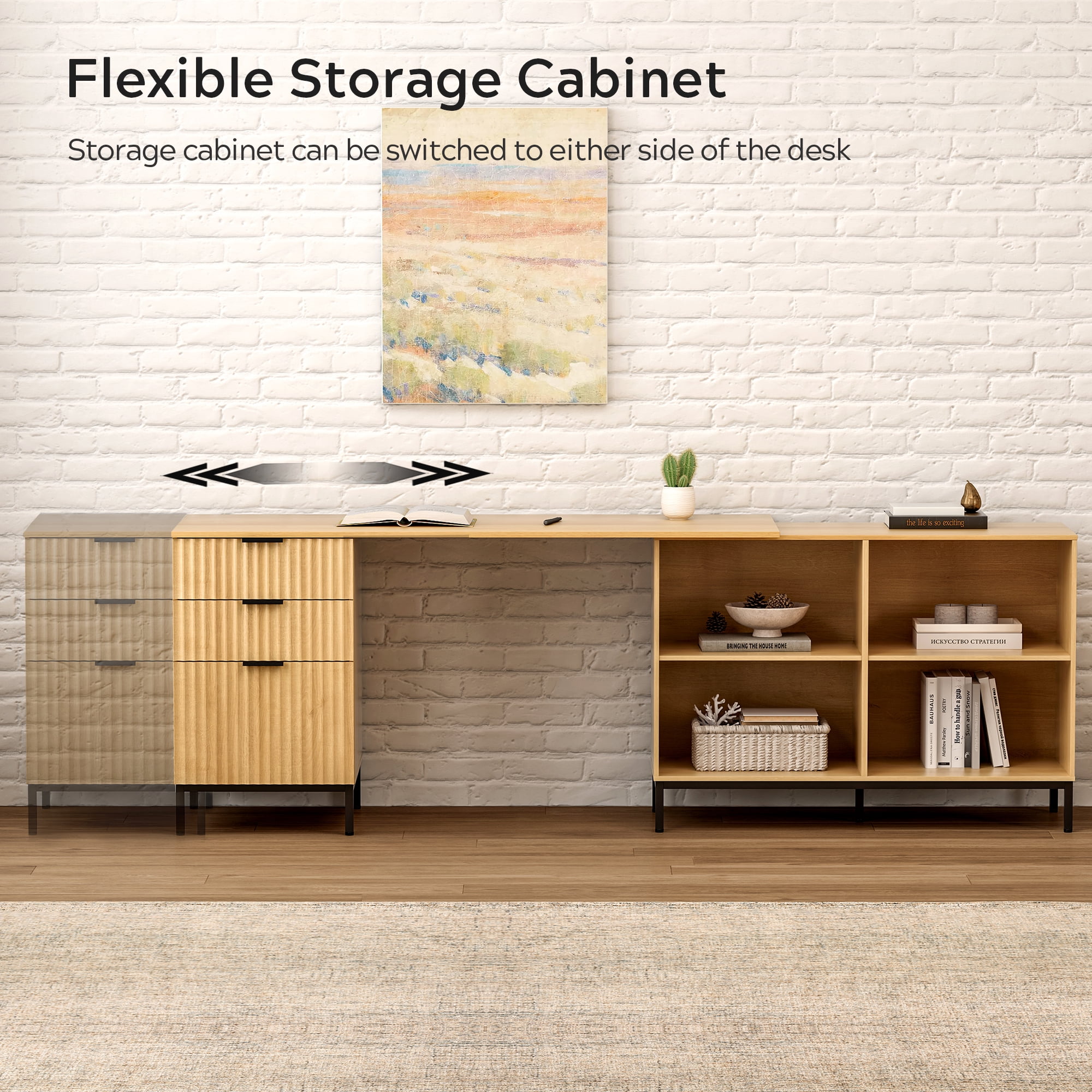 EYYTHUNG 60" Fluted Executive Desk with Storage Cabinet, Modern Home Office Desk with File Drawer, L Shaped Writing Desk