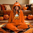 thumbnail image 3 of Halloween Pumpkin Hooded Onesie Adult Soft Hooded Onesie Flannel Pajama Sleepwear, Plush Matching Couples Jumpsuit for Fall Halloween Costume Loungewear, 3 of 8