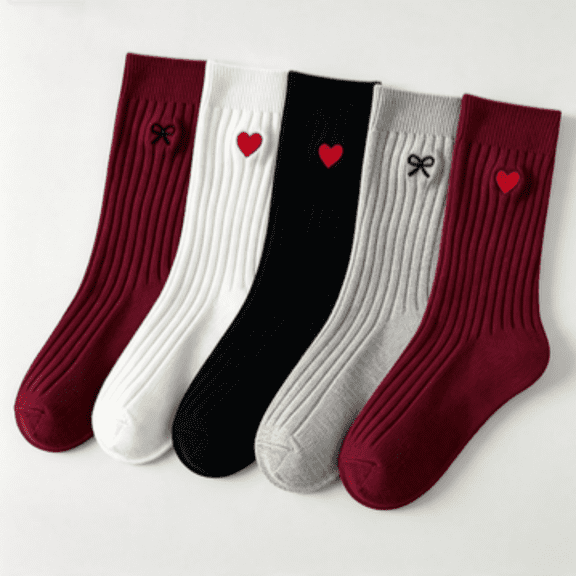 Dweltoz 5 Pairs Kids Girls Mid-Calf Crew Socks, Cute Heart Bowknot Sock, Solid Color Ribbed Knit Soft Cozy Casual School Uniform Socks for Teens,Sizes 1-12 Years