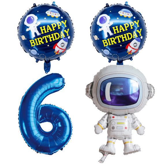 Astronaut Space Birthday Party Balloons Number 6 Blue Silver Boy Kids