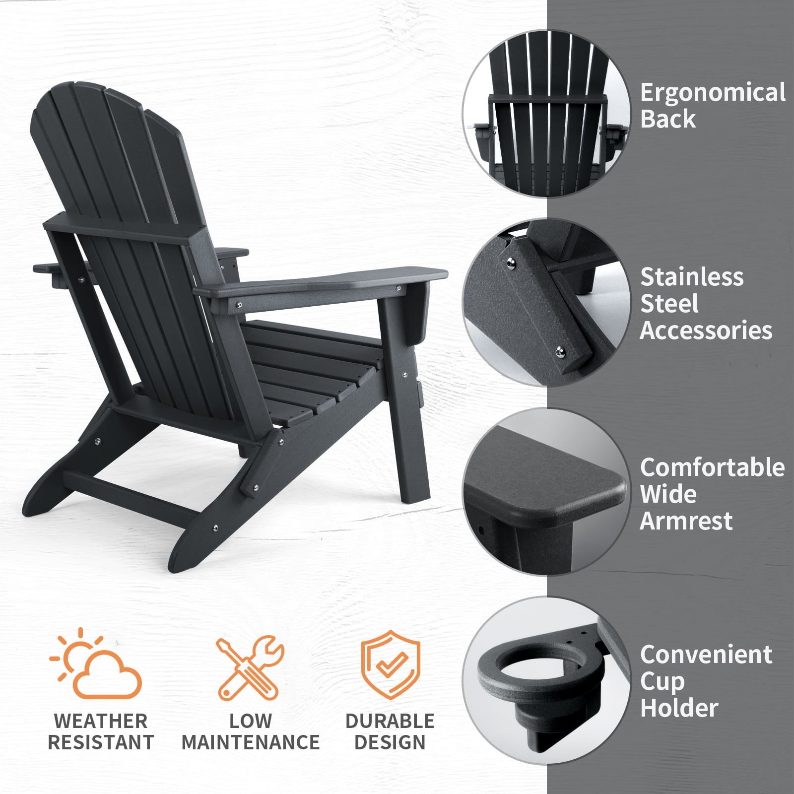 FUNBERRY Folding Adirondack Chair Set of 2, All Weather HDPE Fire Pit Chairs with Cup Holder for Outdoor