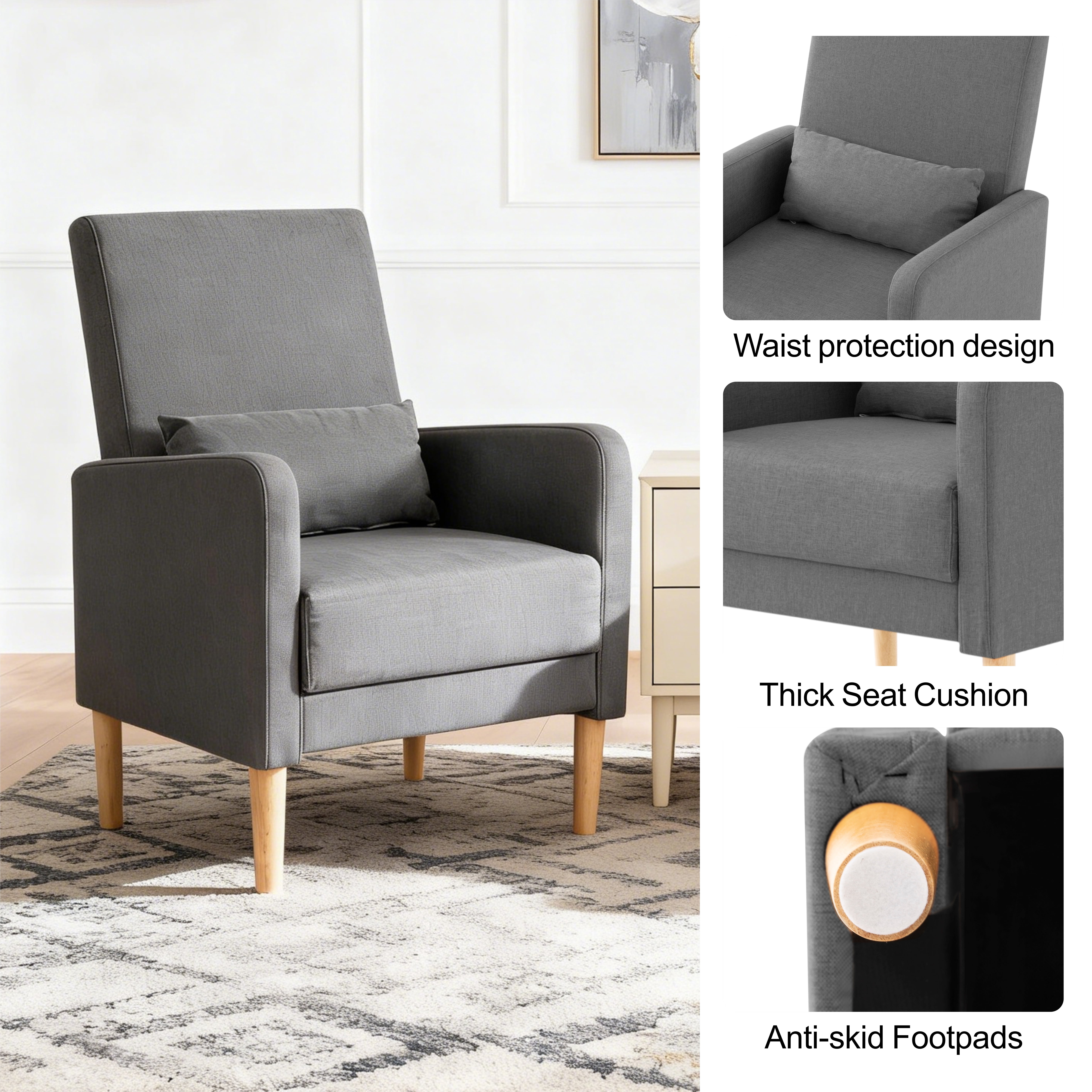 Gewnee 26.5"Accent Chair,Linen Fabric Upholstered Comfy Armchair with Solid Wood Frame & High Back,Single Chair for Living Room,Apartment,Office.Dark Grey