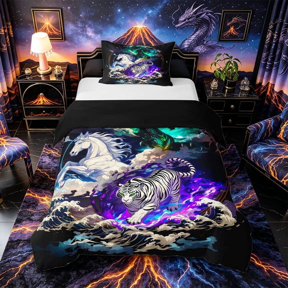 Metsweet Animal Dragon Tiger Unicorn Twin Duvet Cover, Japanese Style Twin Bedding,Black Reversible,2pcs,1 Duvet Cover and 1 Pillowcase