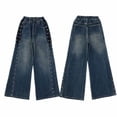 thumbnail image 7 of Duqingm Girls Jeans Wide Leg High Waisted Trendy Side Studded Embellished Distressed Stretchy Denim Pants Outwear Dailywear (Blue,4-5 Years), 7 of 7