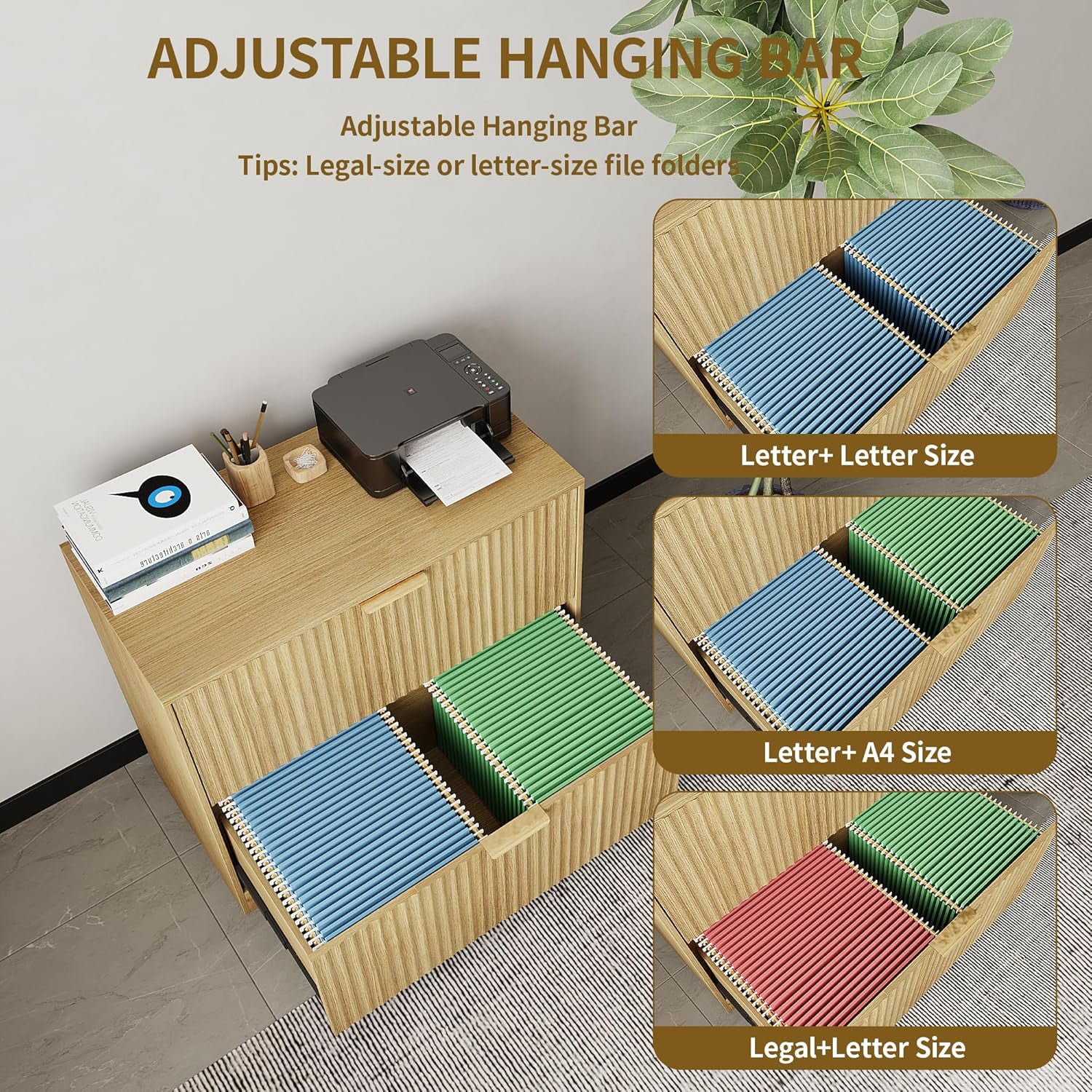 Pusnapku 2 Drawers File Cabinet, Modern 31" Printer Stand, Fluted Home Office Filing Cabinet with Adjustable Hanging Rails, for Legal/Letter/A4 Size