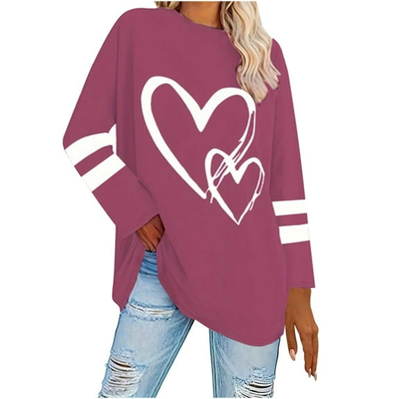 Ltctricy Women's Plus Size Tunic Tops Long Sleeve Crew Neck Striped Heart Printed Oversized T Shirts Casual Loose Tee Blouses(Wine,X-Large)