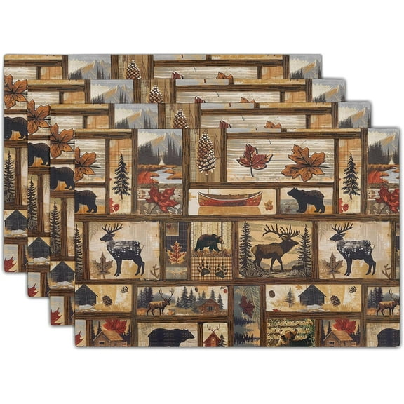 Rustic Bear Deer Place Mats - Vintage Cabin Moose Placemats Set of 4 Forest Animal Wildlife Table Mats Lodge Pine Cone Tablemats 12x18 for Dining Kitchen Farmhouse