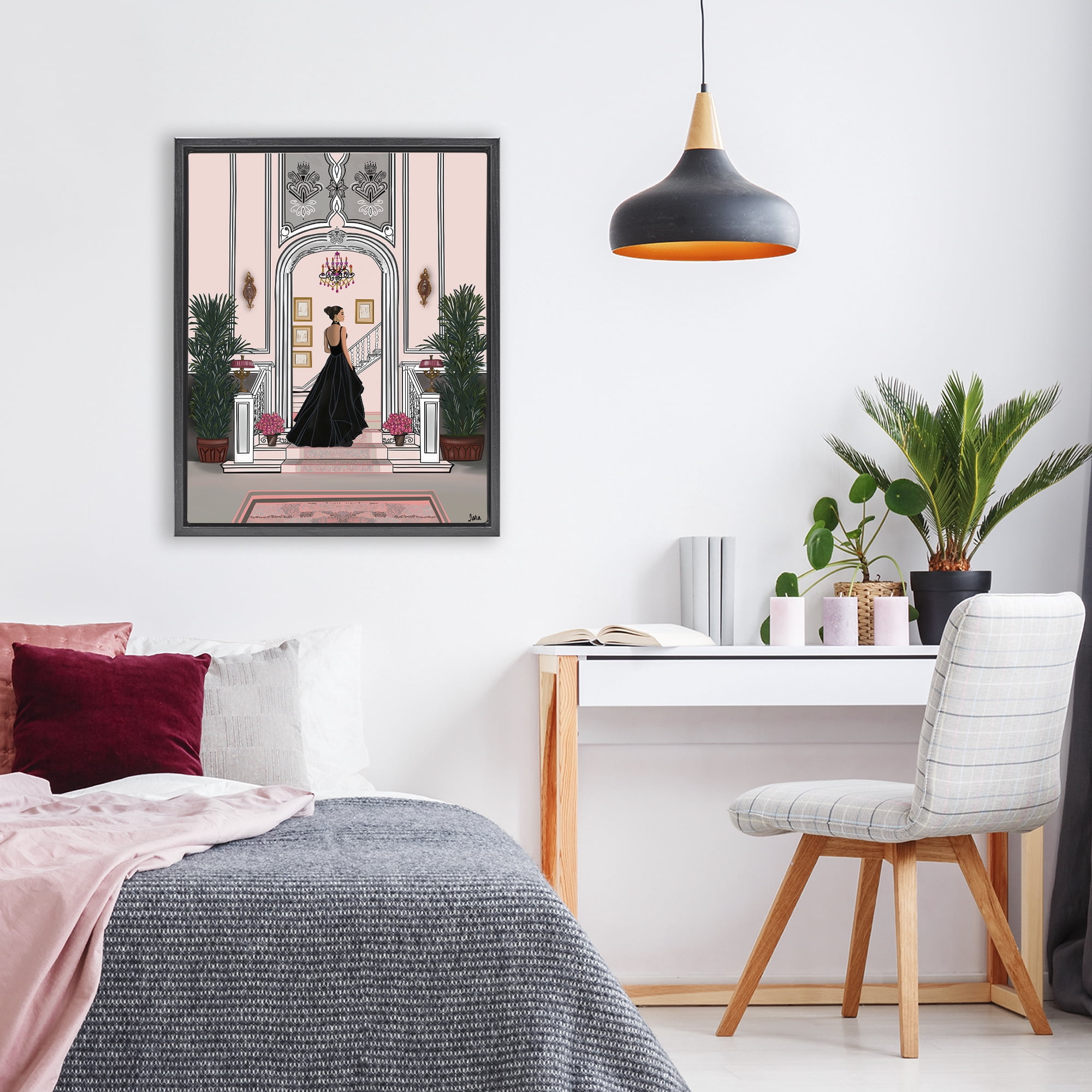 Stupell Industries Mansion Girl in Gown Black Framed Floater Canvas Wall Art, design by Tara Boone