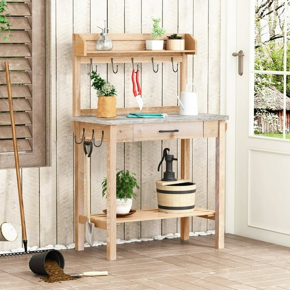 Outdoor Potting Bench with Metal Tabletop, Planting Table Potting Workstation with Storage Drawers and Removable Shelves