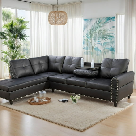Hommoo Faux Leather Living Room Furniture Set, Modern Nailhead Trim L-Shaped Sectional Couch and Sofa Set with Cup Holder, Left Side, Black