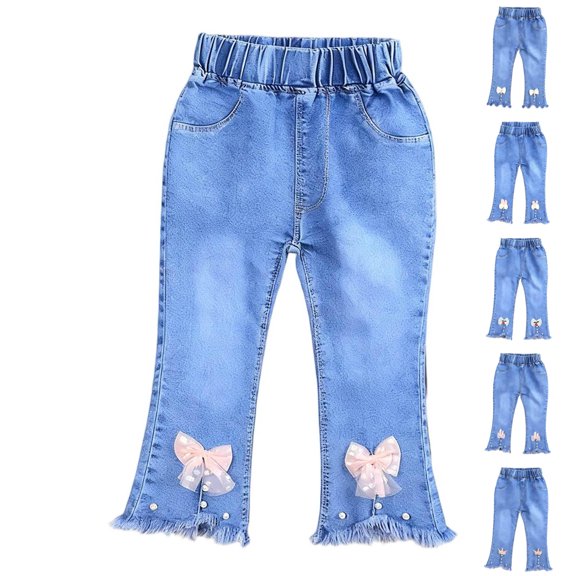 Asxite Toddler Girls Jeans Solid Pearl Flared Elastic Waist Casual Loose Breathable Pants 4-12Y