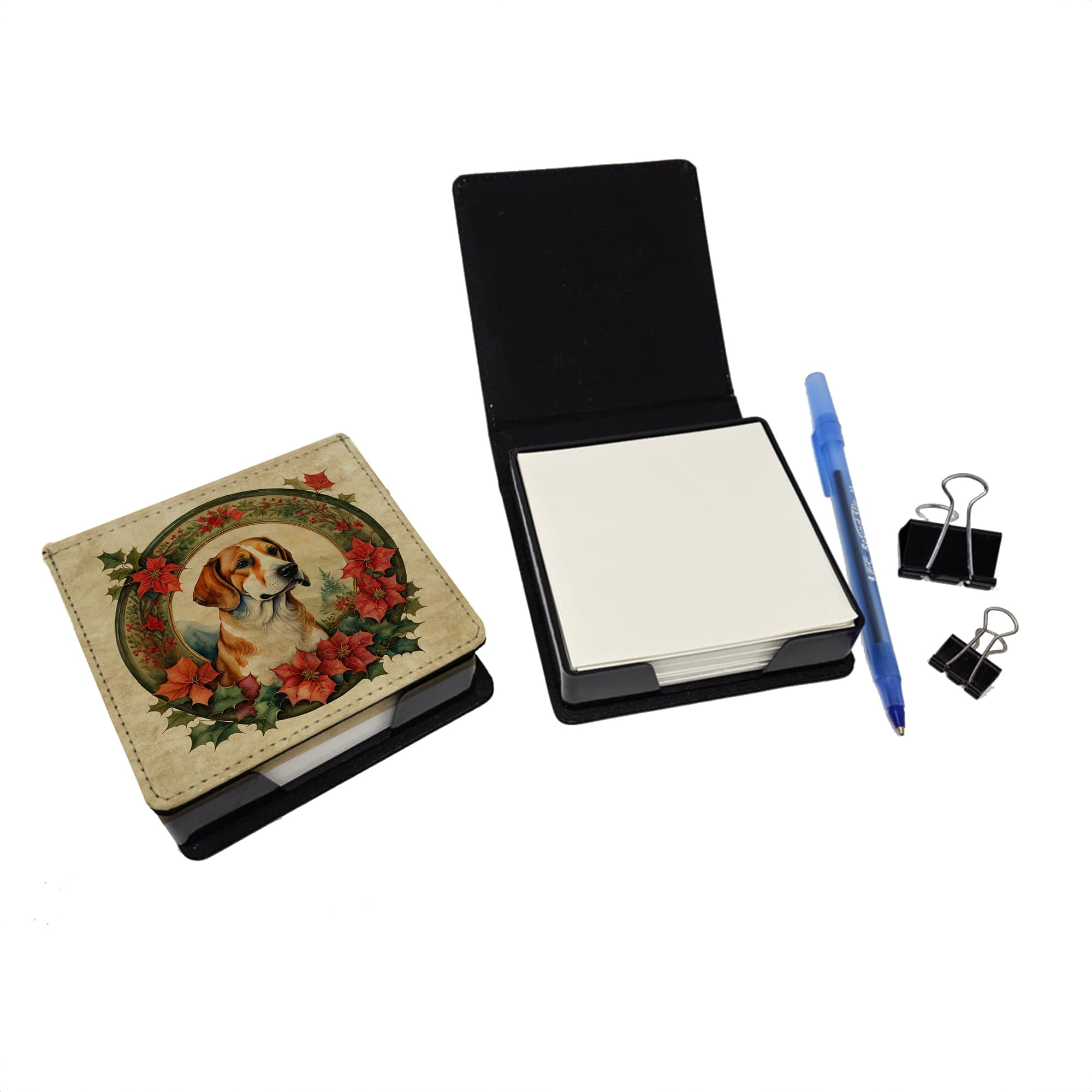 Caroline's Treasures English Foxhound Christmas Flowers PU Leather Note Paper Holder with Artist-Designed Cover, Desk Accessory, Office Gift