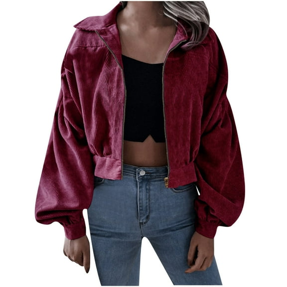 IROINNID Women's Short Zip Up Jacket Turndown Lapel Solid Color Long Sleeve Winter Zipper Stylish Cardigan, Wine