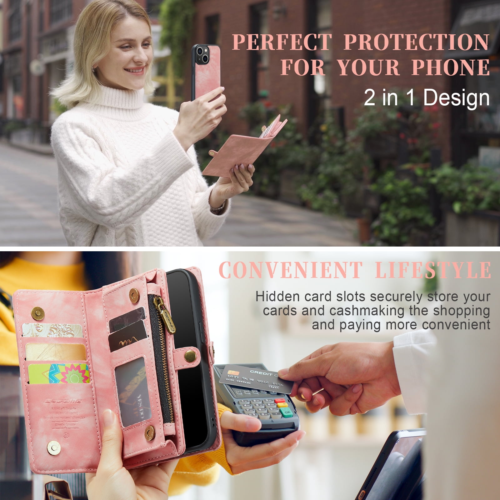 Feishell Durable 2-In-1 Magnetic Detachable Wallet Case for iPhone 13,for Women Men,Premium PU Leather Zipper Pocket Flip Multi Card Slots Purse Phone Case with Wrist Strap,Pink
