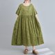 thumbnail image 4 of Vestido de lino de algodón para mujer, estampado vintage, cuello redondo, manga corta, bolsillos, aj Meterk Verde oliva, 4 of 7