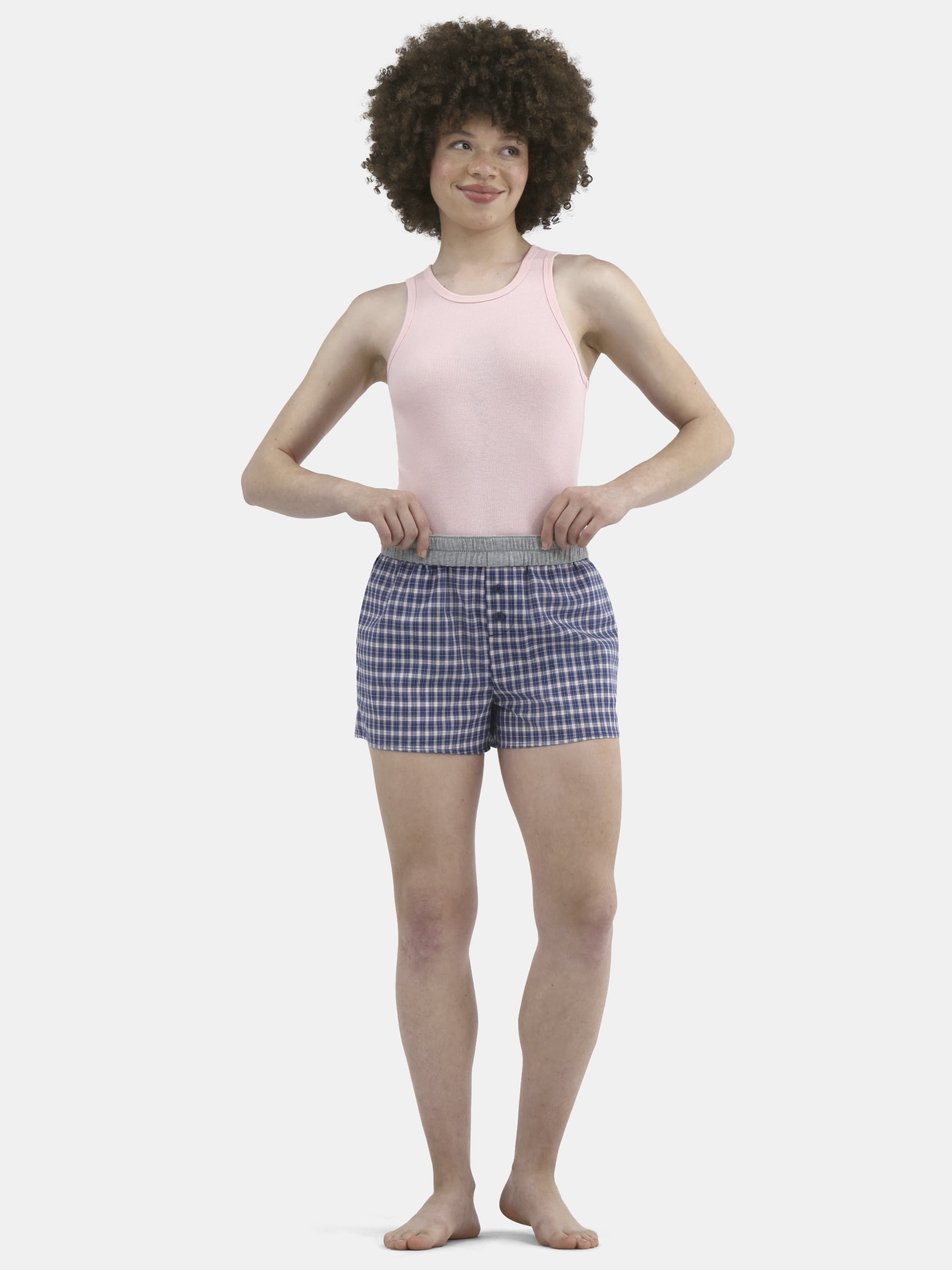 No Boundaries Cotton Boxer Shorts with Rollover Waist, 3'' Inseam, Women's