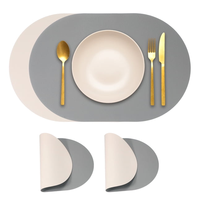 Conjuntos de 2 Manteles de Cuero Uxcell, Ovalados de Cuero PU Antideslizantes para Cocina y Comedor (Gris Oscuro/Beige)