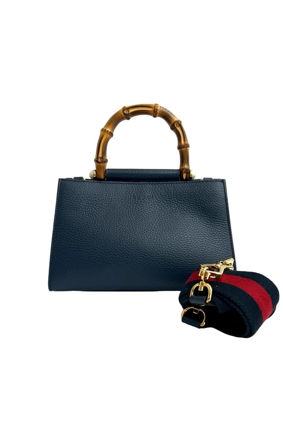 Pre-Owned GUCCI Nymphea Bamboo Sherry Line Leather 2-Way Handbag/Shoulder Bag, Navy, 2272b