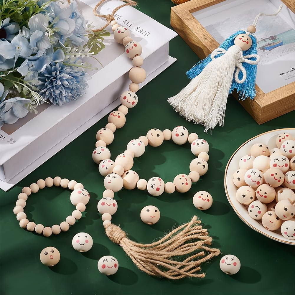 90pcs Smile Face Wooden Beads 6 Styles 20mm Natural Wood Beads Loose Beads Head Beads Spacer Beads for DIY Key Chain Bracelet Necklace Jewelry Macrame Hair Crafts, Hole 4.7mm