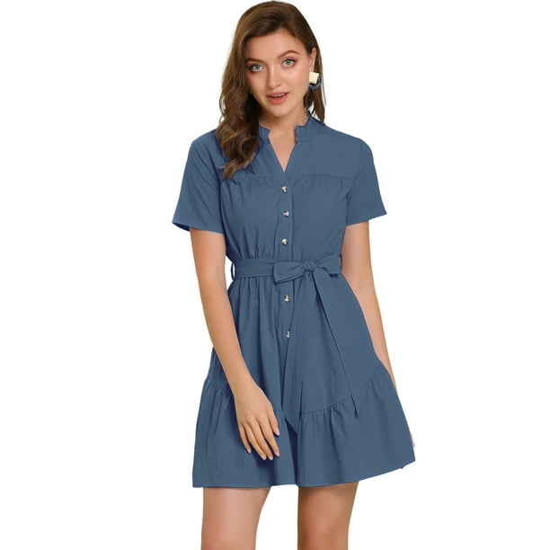 Vestido Camisero De Algodón Con Botones Para Mujer, Cuello Con Volantes, Dobladillo Con Cinturón, Manga Corta, Informal, Por Encima De La Rodilla, Camisero Azul marino S