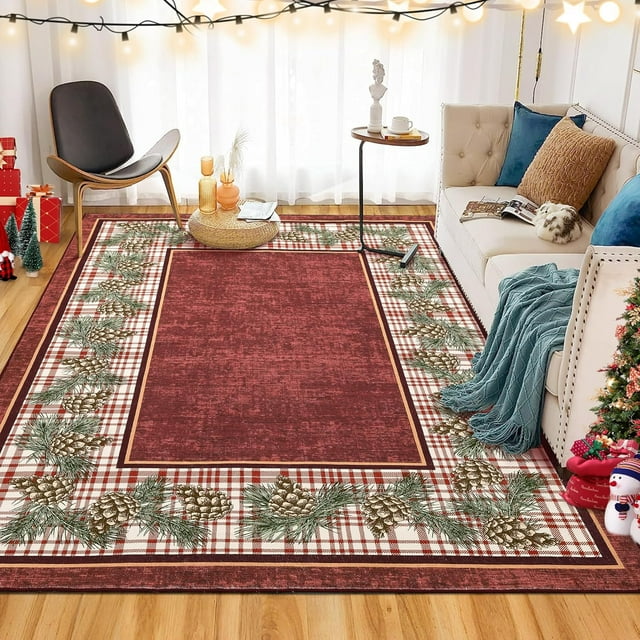 Christmas Area Rug 4' x 6', Washable Bordered Rugs Christmas Decorative Rug Xmas Throw Carpet, Non Slip Holiday Rug for Entryway Bedroom Living Room, Red