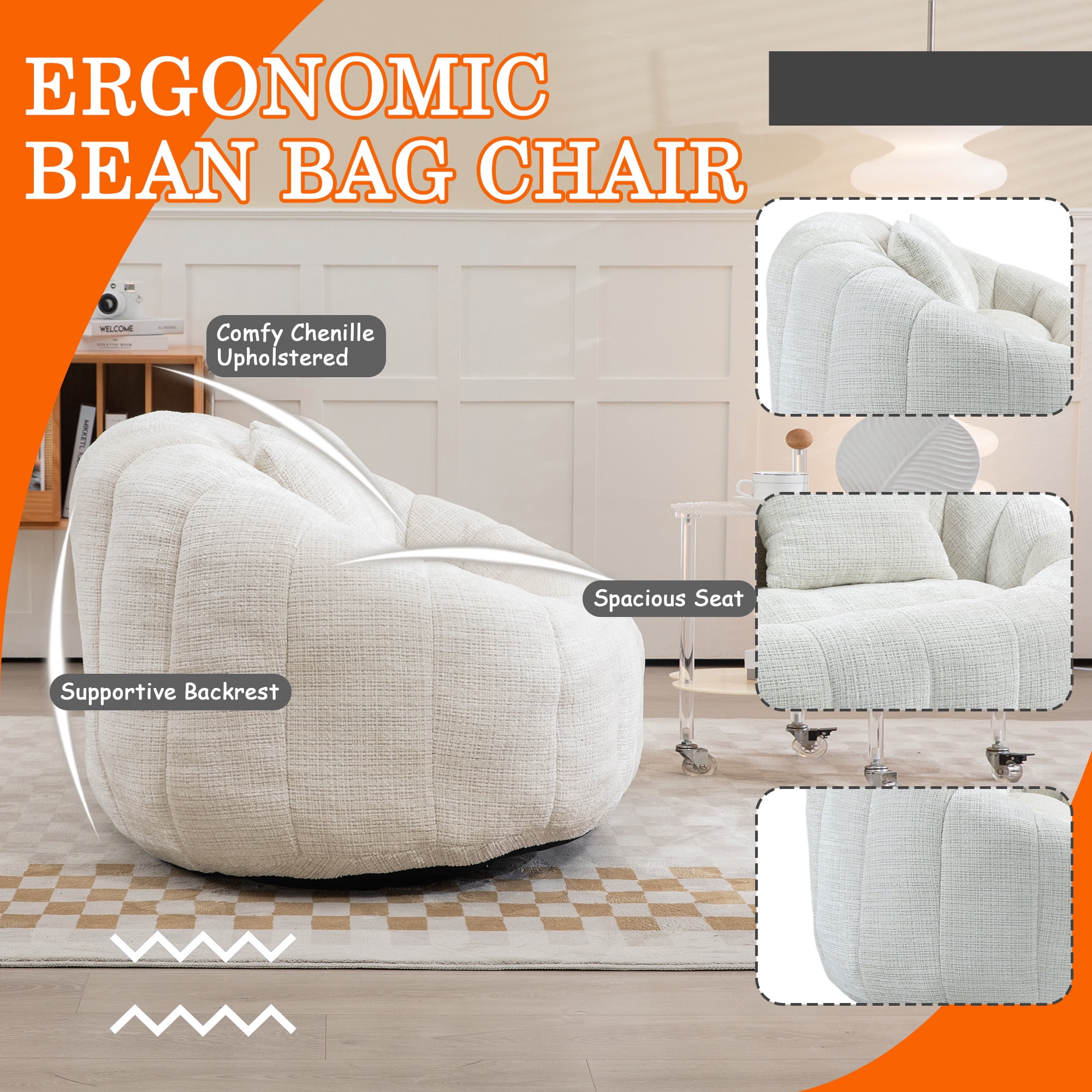 59''W Chenille Loveseat Sofa Small Couch Oversized Bean Bag Chair, Modern Lounge Loveseat Sofa with 2 Pillows,Bean Bag Couch Floor Lazy Sofa for Living Room Bedroom Apartment (Beige)