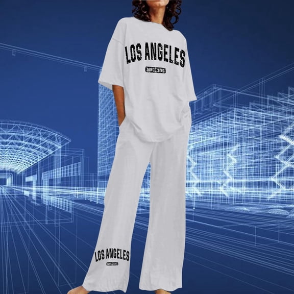 Women's Casual Loose Fit Large Size Short Sleeved Round Neck T Shirt Top Wide Leg Pants Long Pants Set Summer Pantsuit Wedding Pant Suits for Women Dressy Ca Mode Jumpsuit Woman Pants Suits for Party