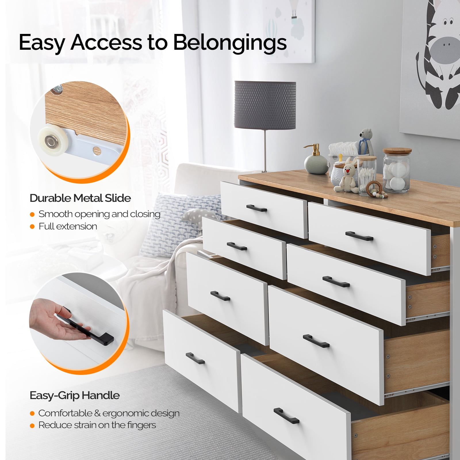 Double-Row 8-Drawer Storage Cabinet, Particleboard with Melamine-Coated Drawers, 55.91 x 17.72 x 32.28 in, Brown & White