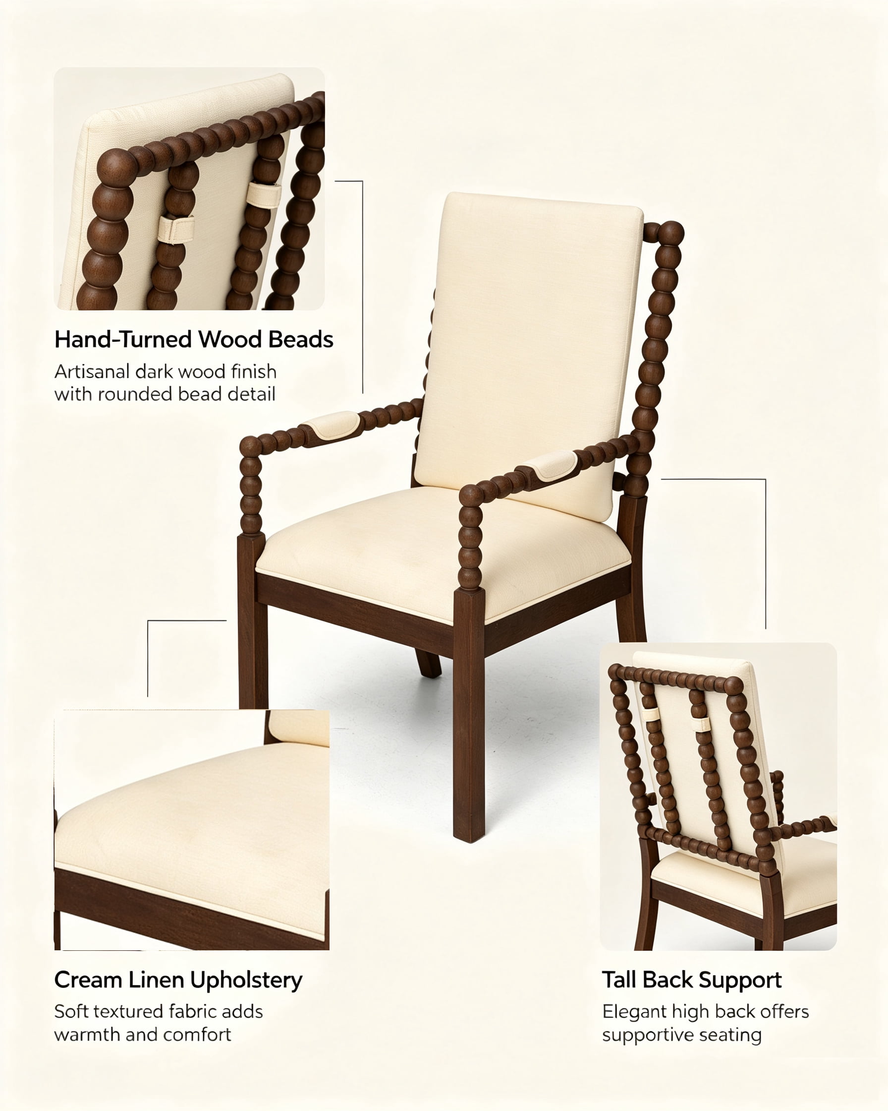 Garitin Dining Chair Set of 2 and Rubber Wood Side Chairs, Fabric Upholstered Seating with Ergonomic Backrest for Kitchen and Dining Room, Walnut