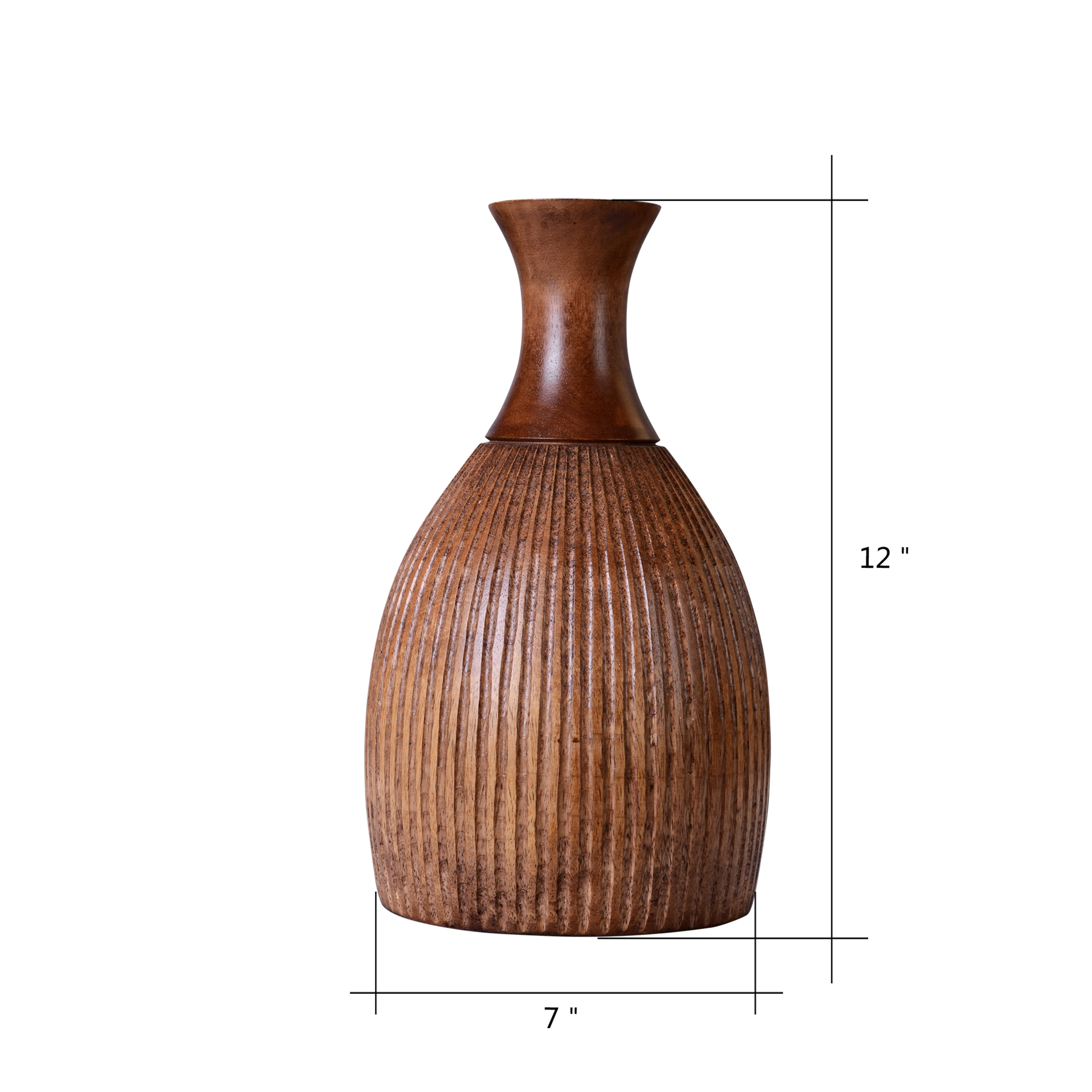 Sustainable Wood Decorative Carved Lines Faux Flower Planter Eco-Friendly Villacera Handmade 14 Tall Bottle Mango Brown Round Ripple Vase