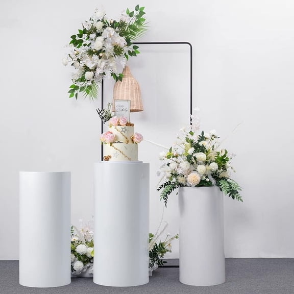 VINCIGANT 3pcs Metal White Cylinder Pedestal Stands,Display Pedestal Stand for Wedding Decor,Party,Cake,Event