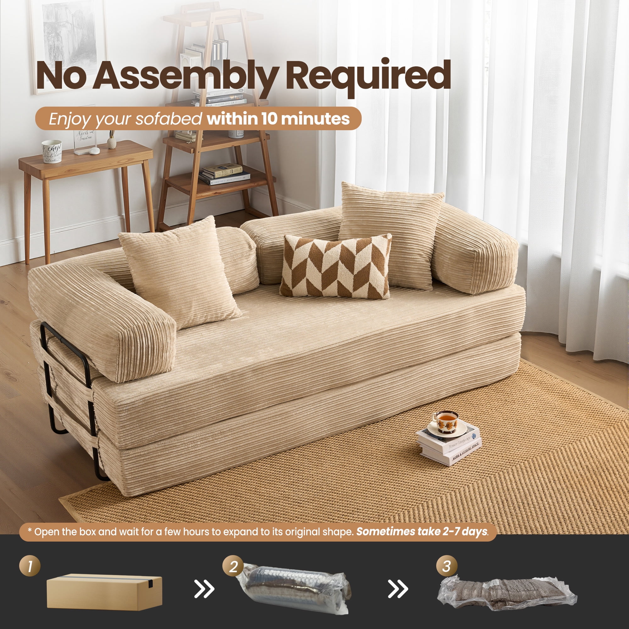 Toject 81" Convertible Sleeper Sofa Bed, Cloud Corduroy Floor Couch with Pillow, Comfy Foldable Couch Sofa Bed for Living Room, Bedroom, Beige
