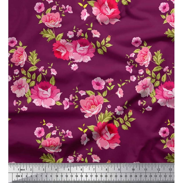 Soimoi Rayon Fabric Leaves,Rose & Peony Floral Print Fabric by Yard 42 Inch Wide