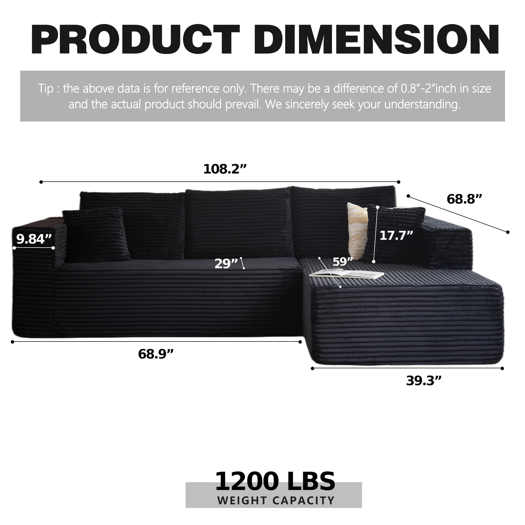 Cubente 108" Modular Sectional Sofa, Cloud Couch with 3 Deep Seat, Indoor Modern L-Shape Sofa Couch, Boneless Couch Compressed Sofa for Living Room Bedroom