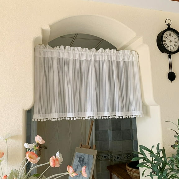 White Striped Lace Sheer Window Curtain Valances, Vintage Semi Sheer Rod Pocket Curtain Valance for Kitchen Cafe Dinning Bath Room, 1 Pcs
