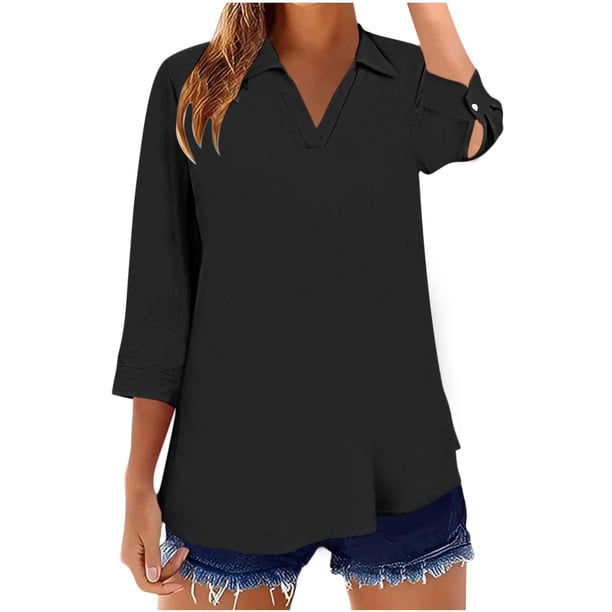 Mujeres 3/4 Manga Tops Y Blusas Color Sólido Turndown Cuello en V Suéter, 3/4 Manga Tops Casual para las Mujeres Suave Blusa de Poliéster, Ligero Primavera Verano Camiseta de Moda