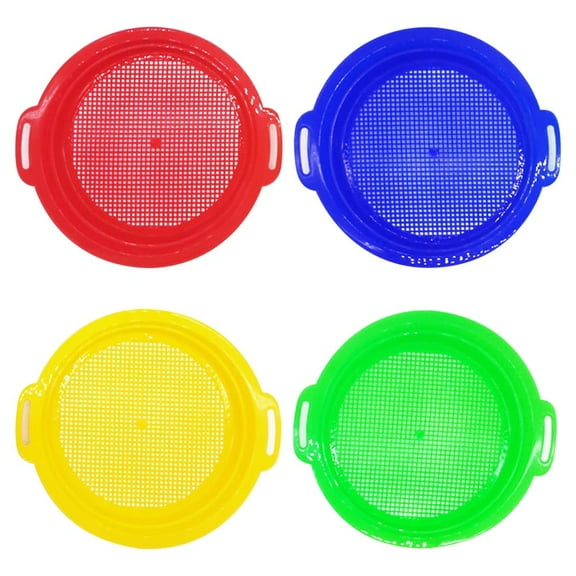 4 Pcs Sand Sifter Sieves for Beach Plastic Strainer Pan Toys - Red, Blue, Yellow, Green