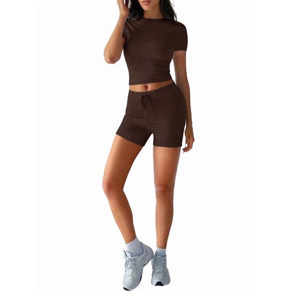 Womens Two Piece Lounge Sets Casual Summer Outfits 2 Piece Short Matching Clothing Set Brown S