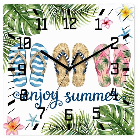 Wall Clock Flip Flops Operated Square Clocks Wooden Silent Non-Ticking Wallclock 10 Inch Enjoy Summer Green Palm Leaves Wood Wall Clock for Living Room Bedroom Office Shool Home Decor